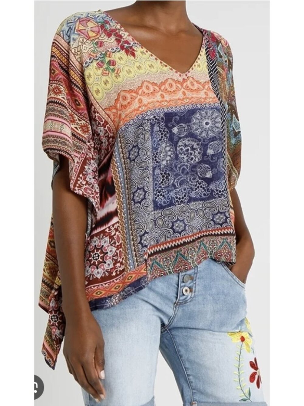 DESIGUAL Liberia Mixed Print Patchwork Embroidered Blouse Top Medium Boho